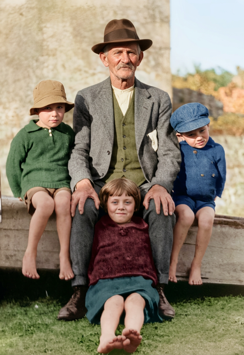 Restored photo after FixPix — Grandad with the three kids — faded original, restored and colourised.