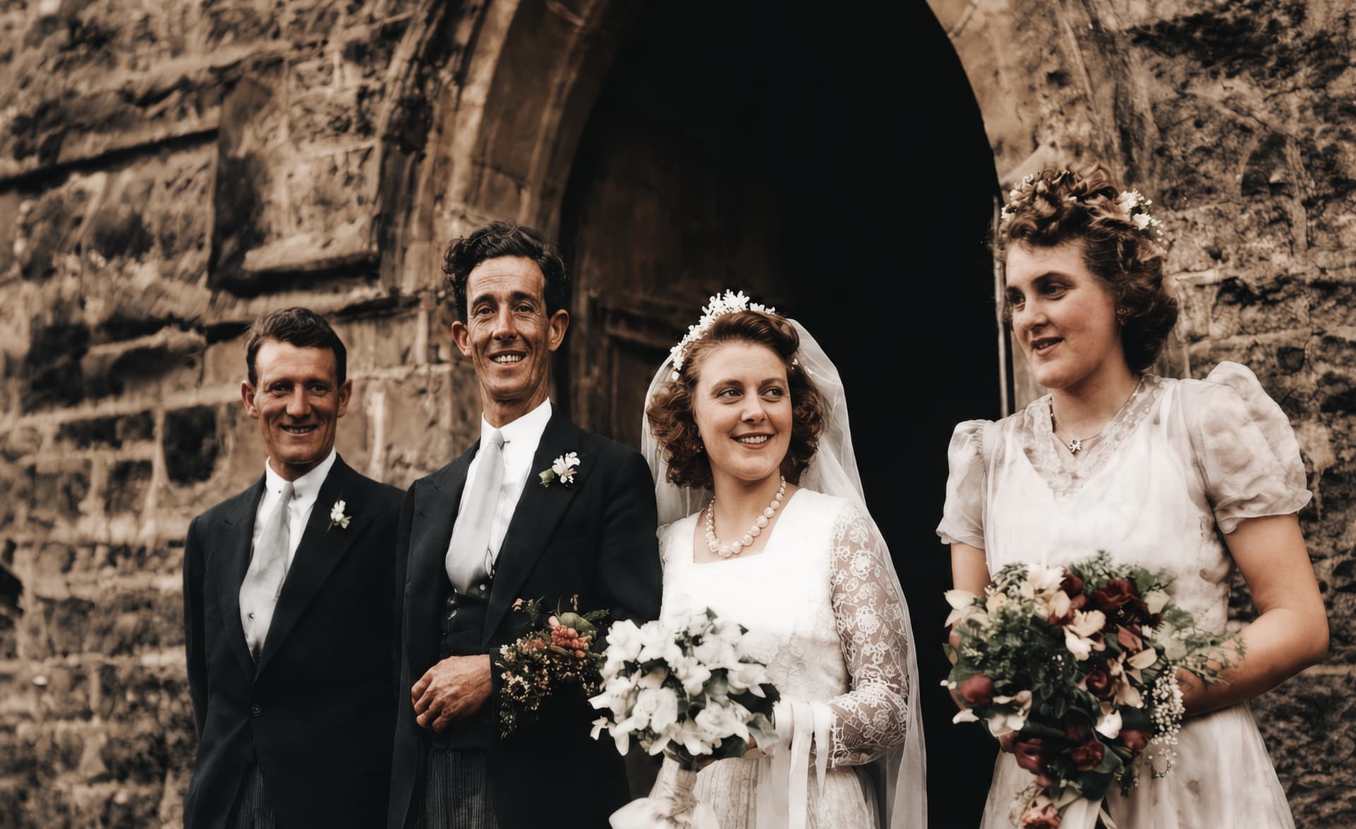 The same wedding photo after restoration — colour-corrected and repaired