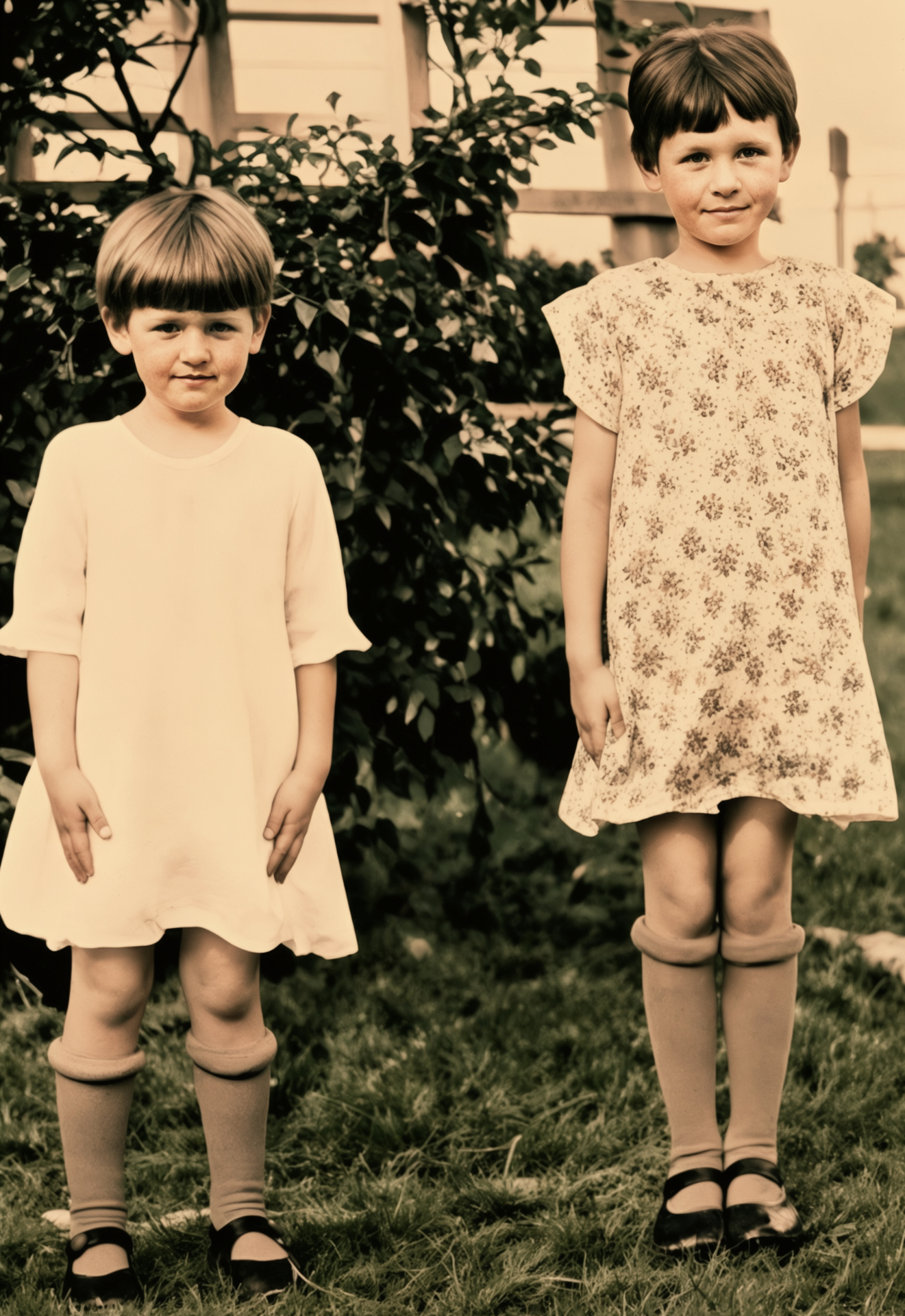 Restored photo after FixPix — Two sisters in the garden — detail and color restored.