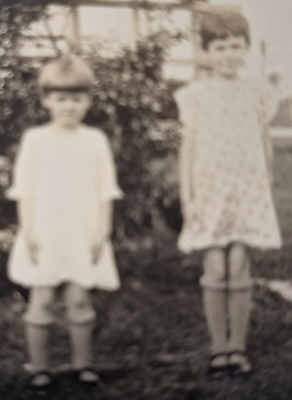 Original photo before FixPix restoration — Two sisters in the garden — detail and color restored.